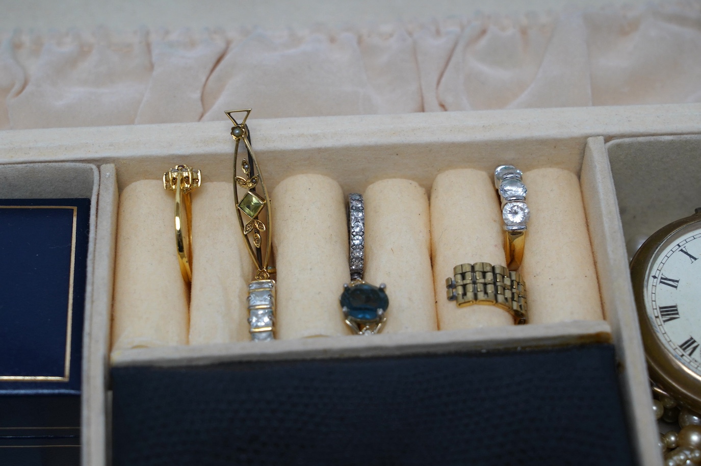 A yellow metal and gem set bar brooch and a quantity of assorted costume jewellery and two pocket watches including silver open face. Condition - fair